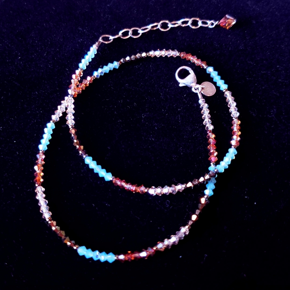 Crystal & 925 Delicate Necklace Choker Sparkling Earth Tones Blue Brown